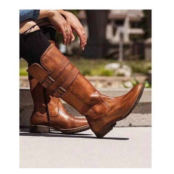 New Roan Date Tan Brown Leather Tall Riding Boot Sz 7.5M - Picture 1 of 9